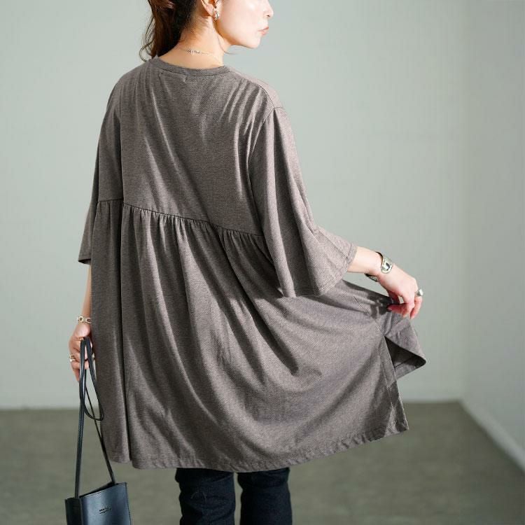 大きいサイズ レディース Vネックフレアスリーブペプラムチュニック　bai-0185 杢チャコール