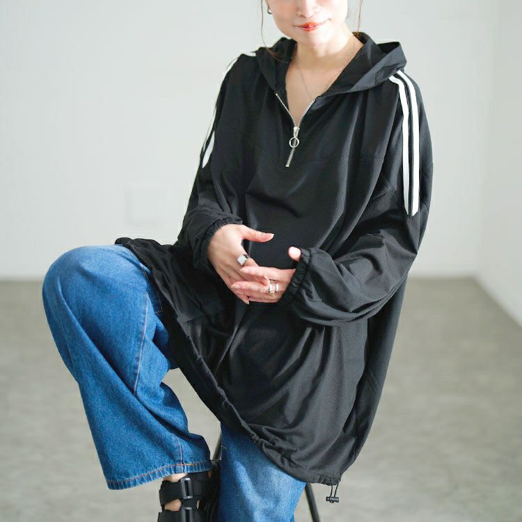A-98)チューニック(M/L)PARIS フランス 大きいサイズ レディース 配色ラインハーフZIPパーカーチュニック bai