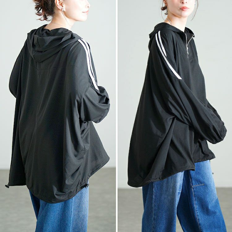 大きいサイズ レディース 配色ラインハーフZIPパーカーチュニック　bai-0184