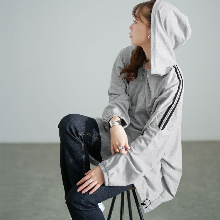 大きいサイズ レディース 配色ラインハーフZIPパーカーチュニック　bai-0184