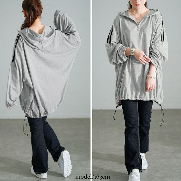 大きいサイズ レディース 配色ラインハーフZIPパーカーチュニック　bai-0184