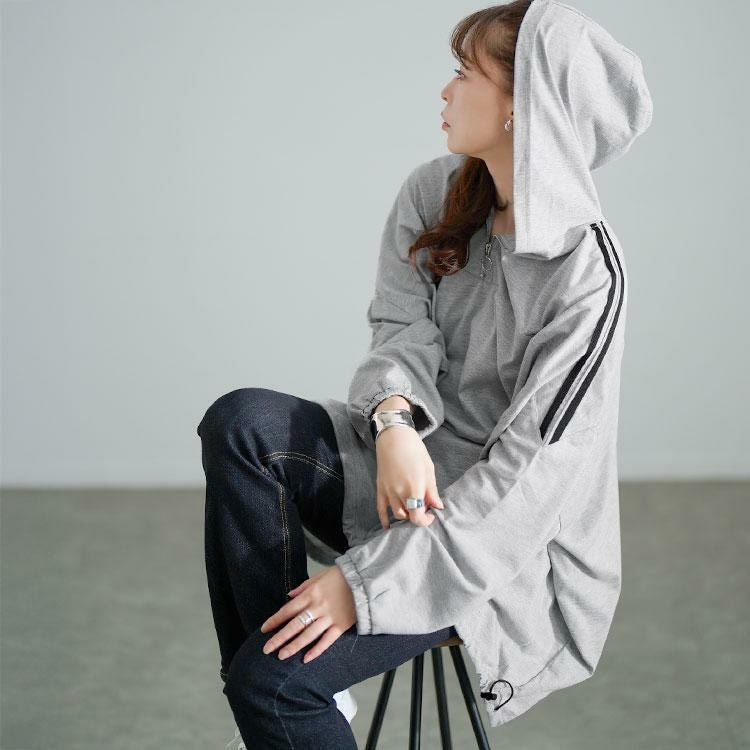 大きいサイズ レディース 配色ラインハーフZIPパーカーチュニック　bai-0184 杢グレー