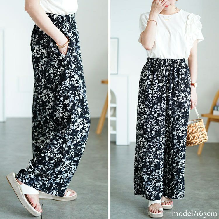 大きいサイズ レディース 花柄楊柳ワイドパンツ　maru-30191 【メール便可】