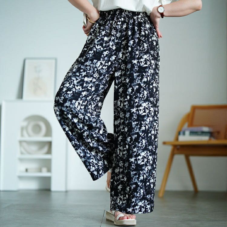 大きいサイズ レディース 花柄楊柳ワイドパンツ　maru-30191 【メール便可】