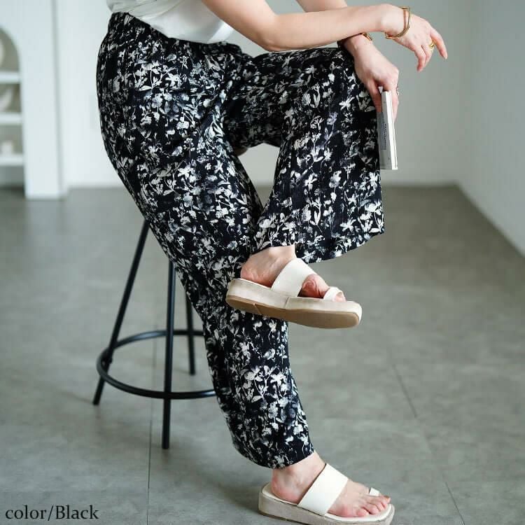 大きいサイズ レディース 花柄楊柳ワイドパンツ　maru-30191 【メール便可】 ブラック
