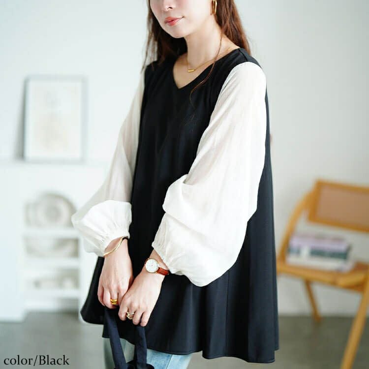 大きいサイズ レディース シアー袖切り替えVネックフレアチュニック　maru-30190 【メール便可】