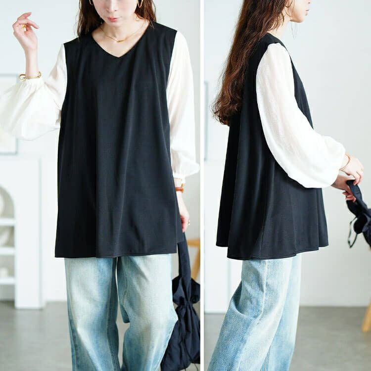 大きいサイズ レディース シアー袖切り替えVネックフレアチュニック　maru-30190 【メール便可】