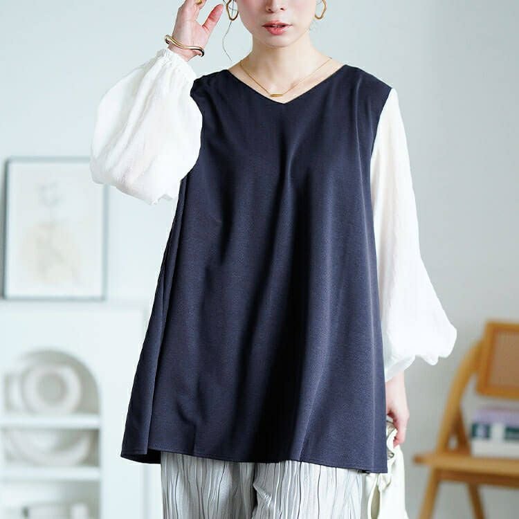 大きいサイズ レディース シアー袖切り替えVネックフレアチュニック　maru-30190 【メール便可】