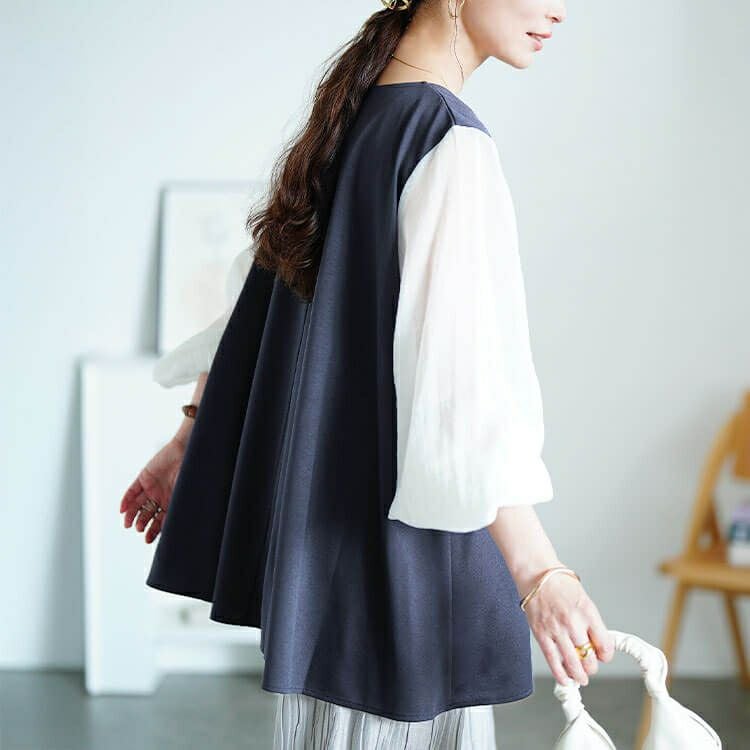 大きいサイズ レディース シアー袖切り替えVネックフレアチュニック　maru-30190 【メール便可】