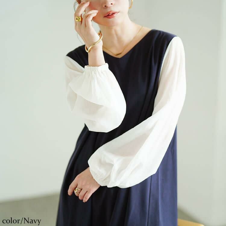 大きいサイズ レディース シアー袖切り替えVネックフレアチュニック　maru-30190 【メール便可】 ネイビー