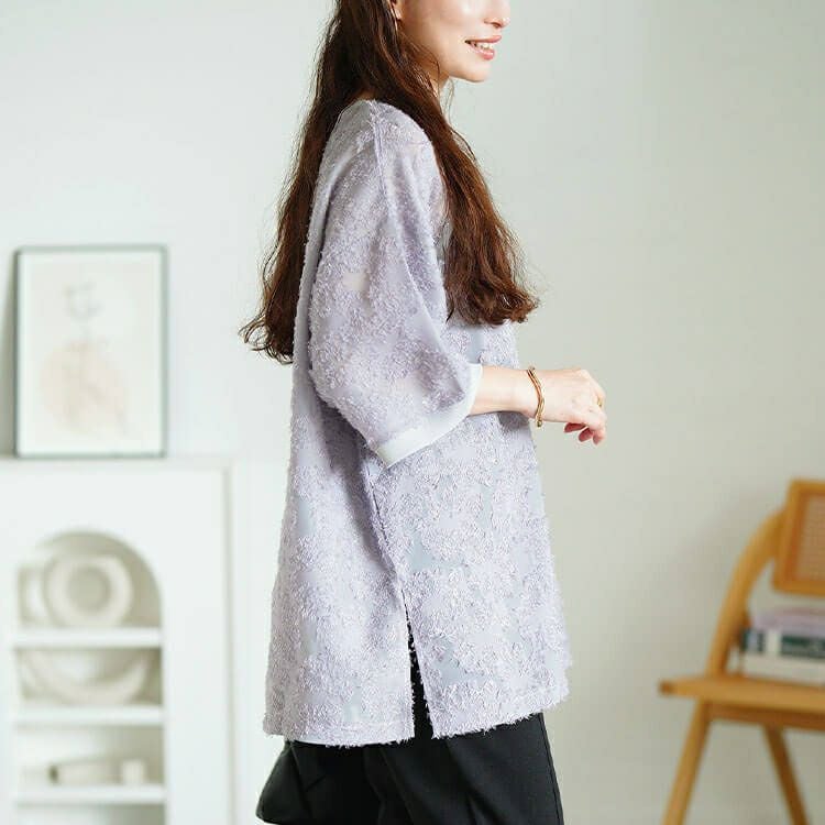 大きいサイズ レディース シフォンジャガードVネックワイドチュニック　maru-30189 【メール便可】