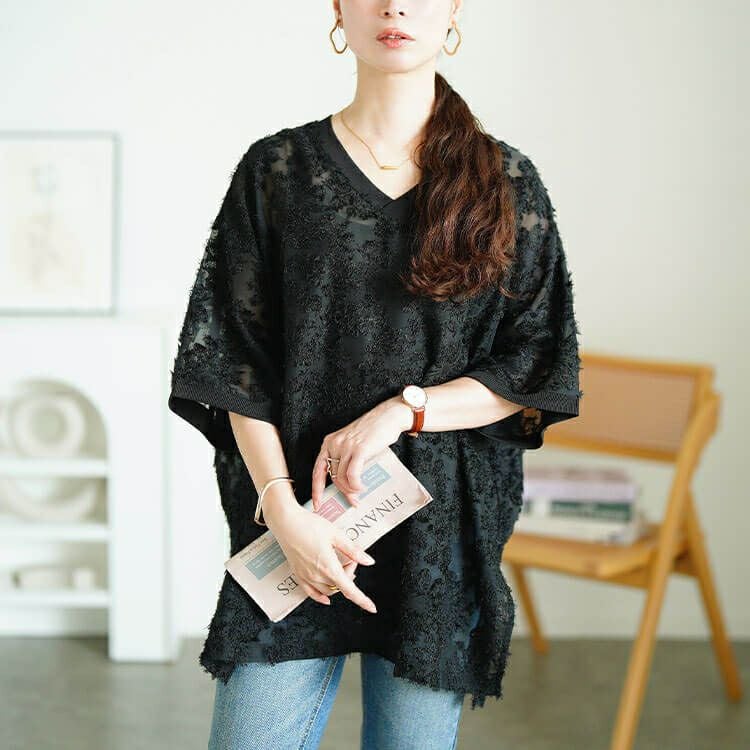 大きいサイズ レディース シフォンジャガードVネックワイドチュニック　maru-30189 【メール便可】