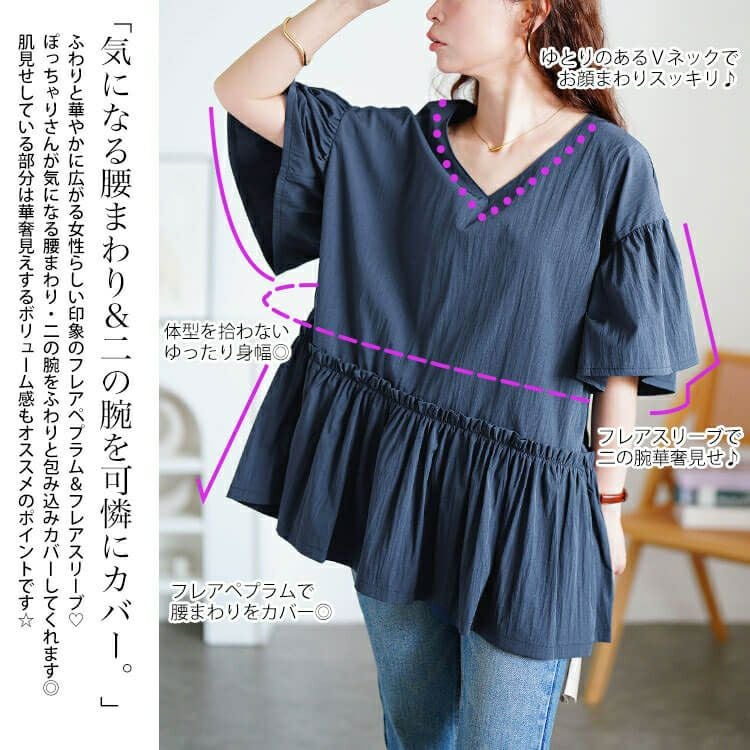 大きいサイズ レディース 接触冷感Vネックフリルペプラムチュニック　maru-30179 【メール便可】