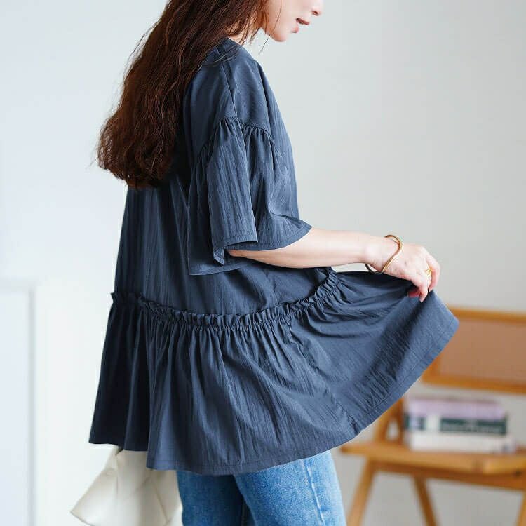 大きいサイズ レディース 接触冷感Vネックフリルペプラムチュニック　maru-30179 【メール便可】