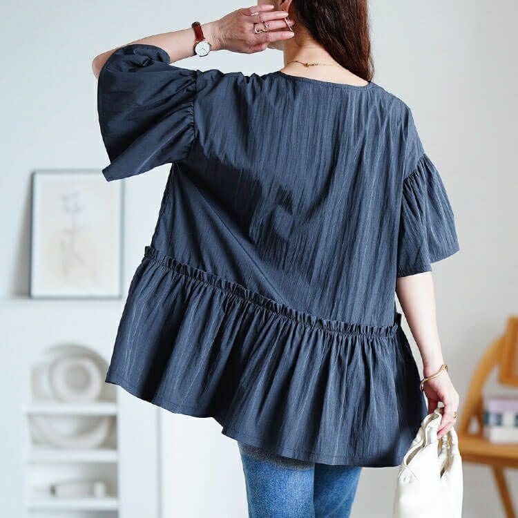 大きいサイズ レディース 接触冷感Vネックフリルペプラムチュニック　maru-30179 【メール便可】