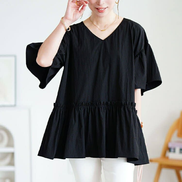 大きいサイズ レディース 接触冷感Vネックフリルペプラムチュニック　maru-30179 【メール便可】