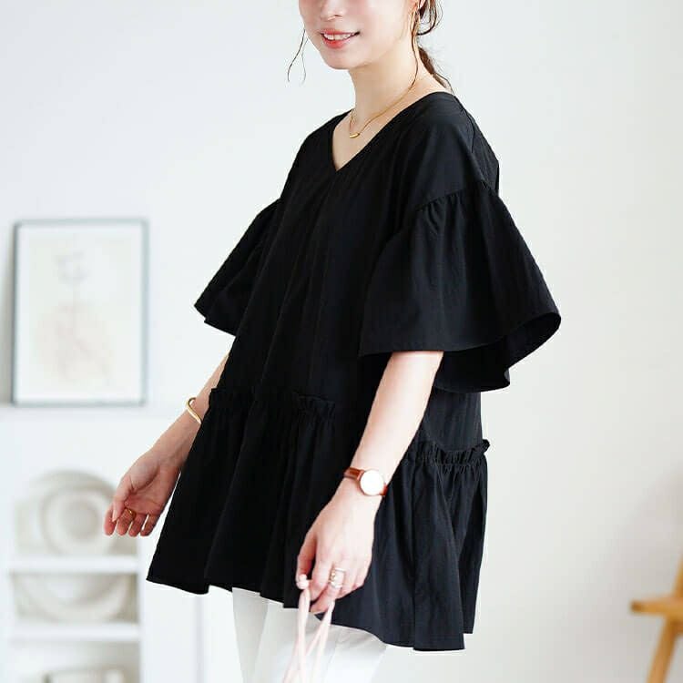 大きいサイズ レディース 接触冷感Vネックフリルペプラムチュニック　maru-30179 【メール便可】