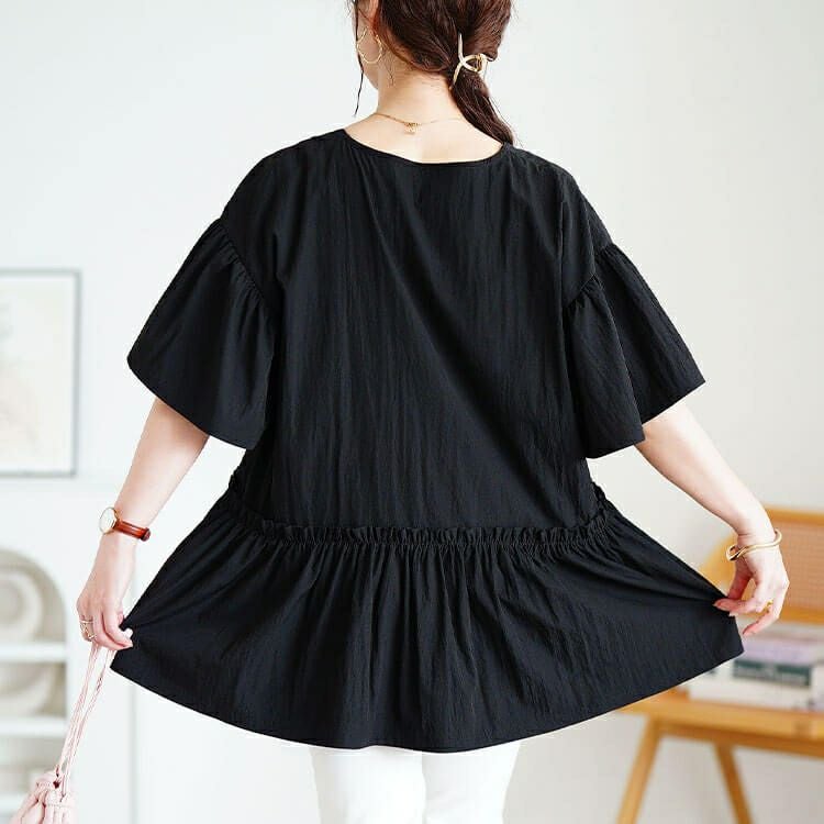 大きいサイズ レディース 接触冷感Vネックフリルペプラムチュニック　maru-30179 【メール便可】