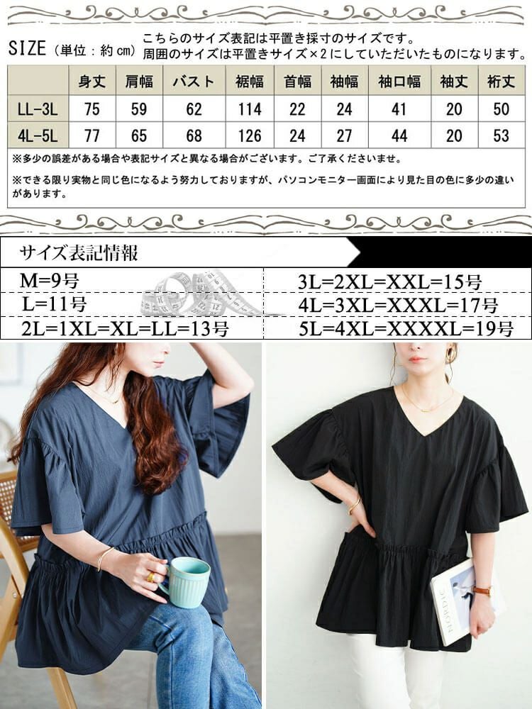 大きいサイズ レディース 接触冷感Vネックフリルペプラムチュニック　maru-30179 【メール便可】