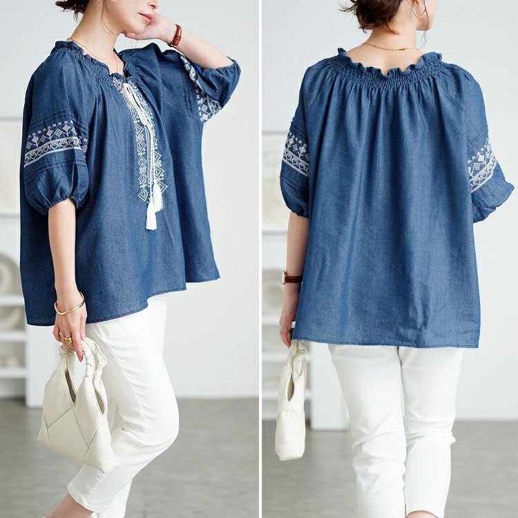 大きいサイズ レディース パフスリーブエスニック柄コットンブラウス　goldy-1720【メール便可】