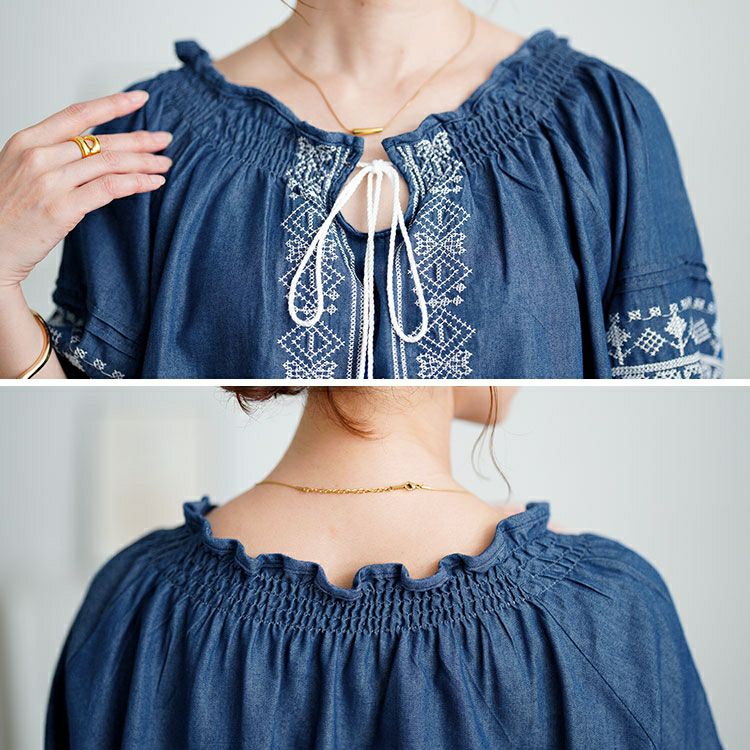 大きいサイズ レディース パフスリーブエスニック柄コットンブラウス　goldy-1720【メール便可】