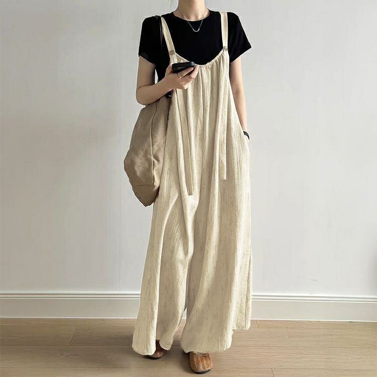 大きいサイズ レディース 綿麻ワイドサロペットパンツ　goldy-1725