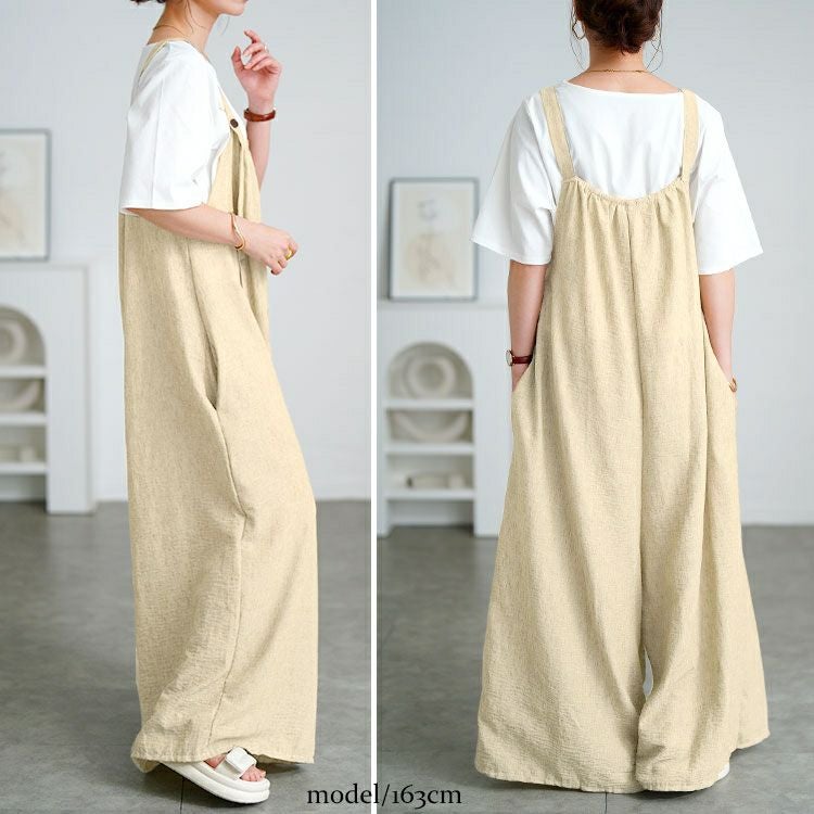 大きいサイズ レディース 綿麻ワイドサロペットパンツ　goldy-1725