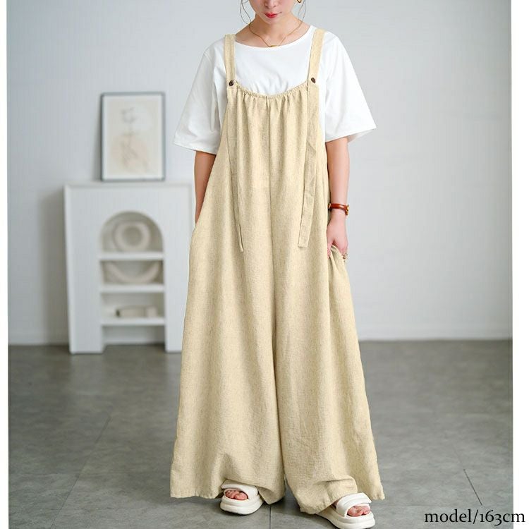 大きいサイズ レディース 綿麻ワイドサロペットパンツ　goldy-1725