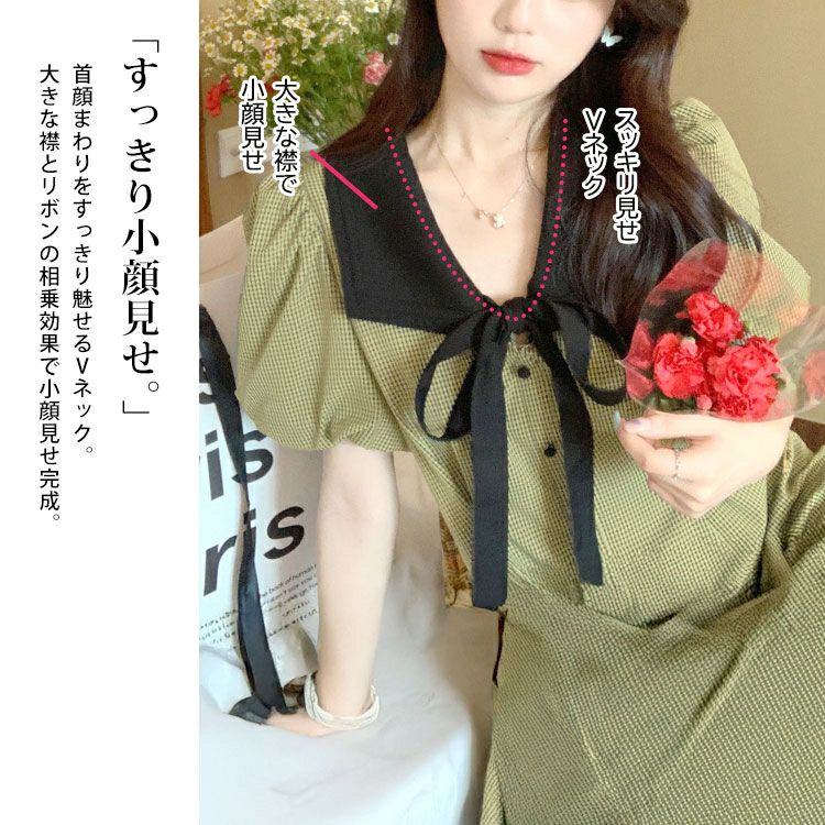 大きいサイズ レディース リボン襟付きウエストタックミニワンピース　goldy-1714【メール便可】