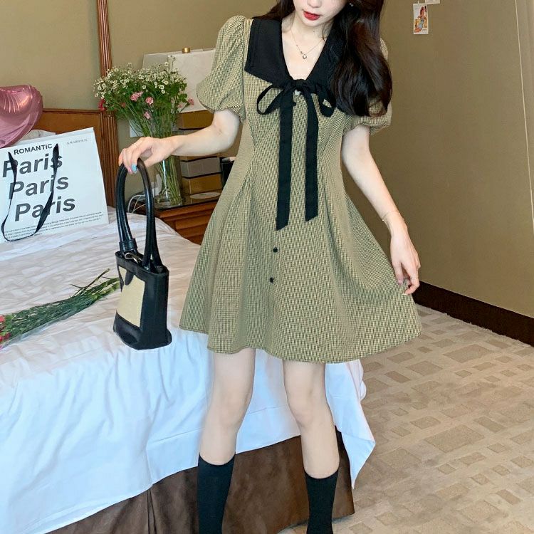 大きいサイズ レディース リボン襟付きウエストタックミニワンピース　goldy-1714【メール便可】