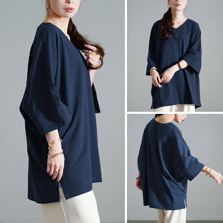 大きいサイズ レディース Vネックコットンドルマンチュニック　sw-0796 【メール便可】
