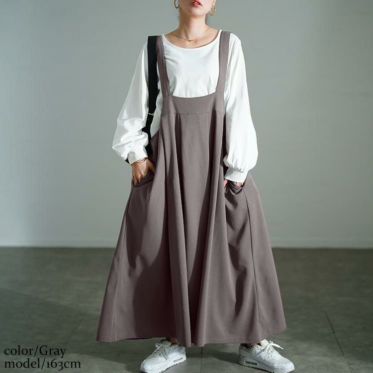 大きいサイズ レディース タックフレアジャンパースカート　sw-0790 グレー