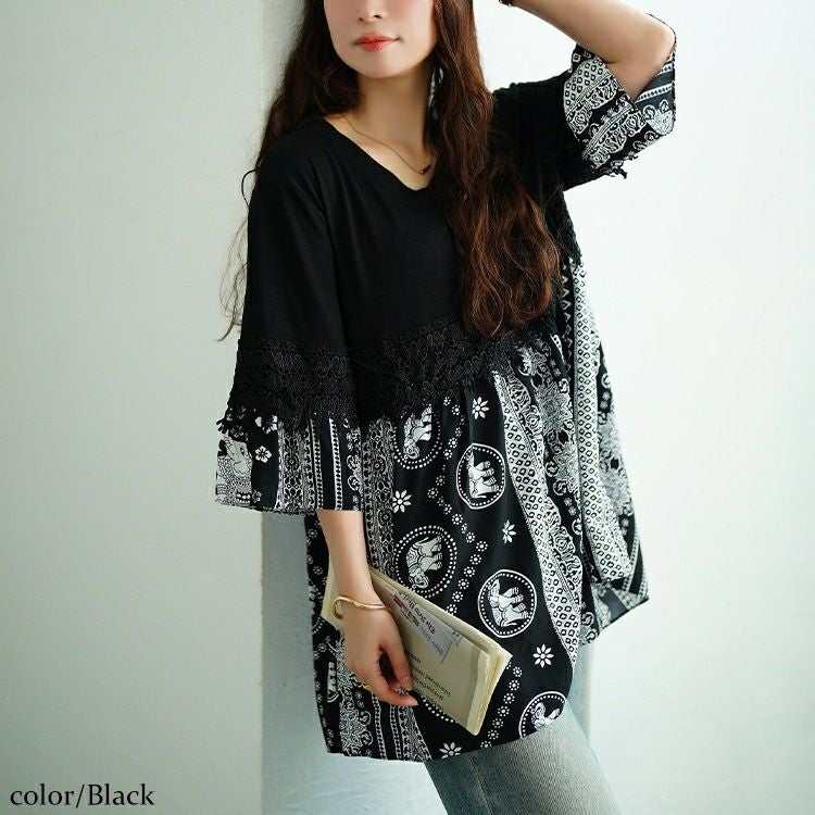 大きいサイズ レディース レース＆エスニック柄切り替えチュニック　jp557
