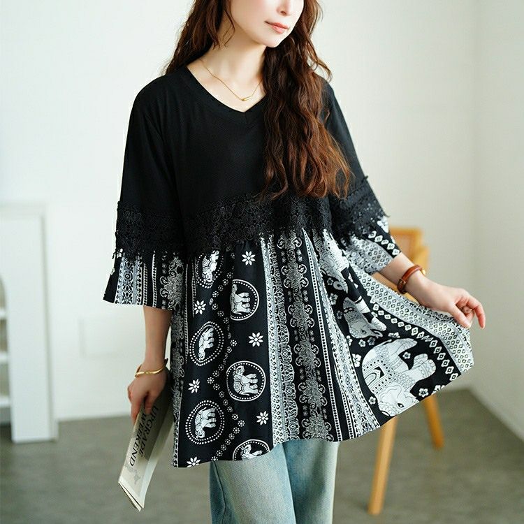大きいサイズ レディース レース＆エスニック柄切り替えチュニック　jp557