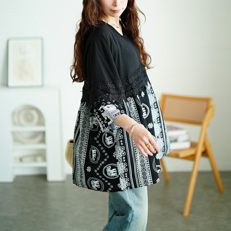 大きいサイズ レディース レース＆エスニック柄切り替えチュニック　jp557