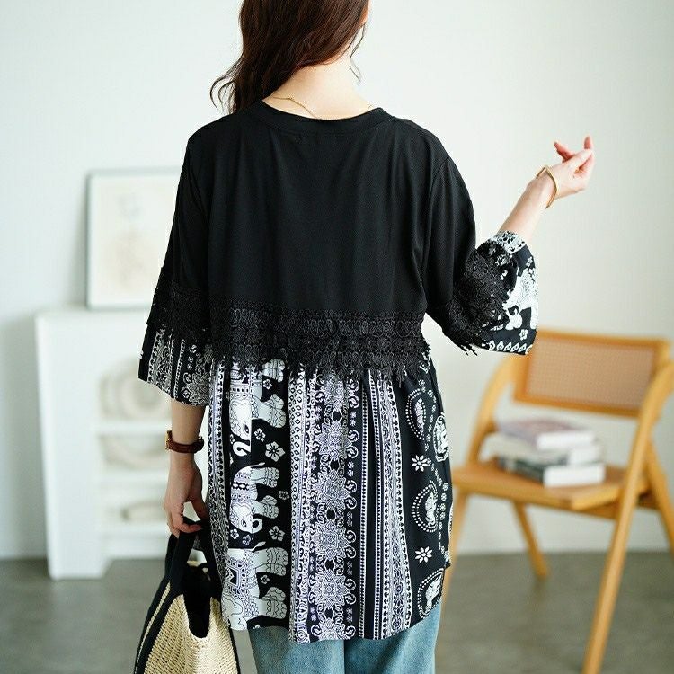 大きいサイズ レディース レース＆エスニック柄切り替えチュニック　jp557