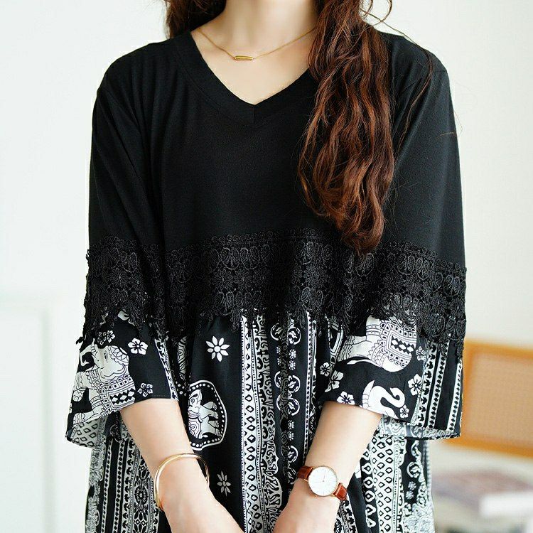大きいサイズ レディース レース＆エスニック柄切り替えチュニック　jp557