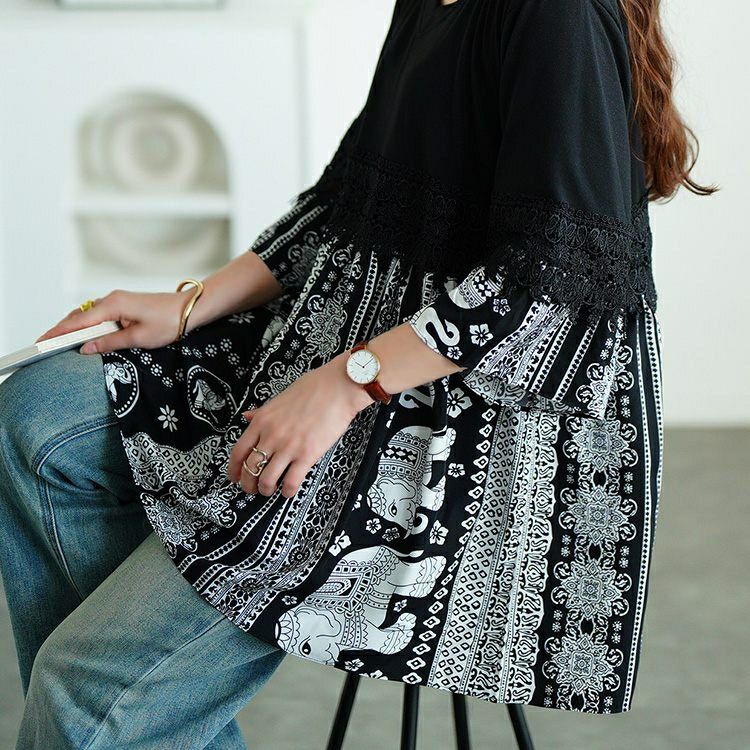 大きいサイズ レディース レース＆エスニック柄切り替えチュニック　jp557