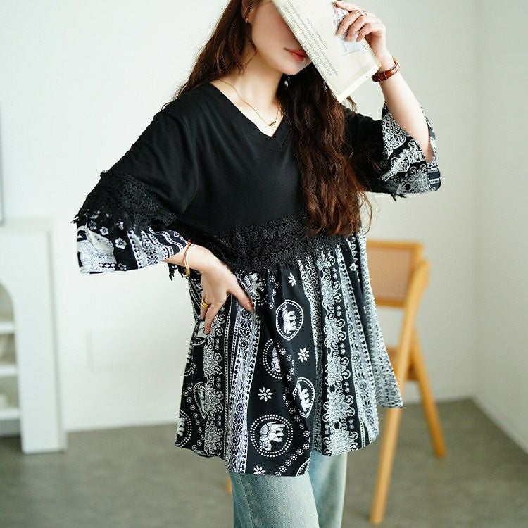 大きいサイズ レディース レース＆エスニック柄切り替えチュニック　jp557