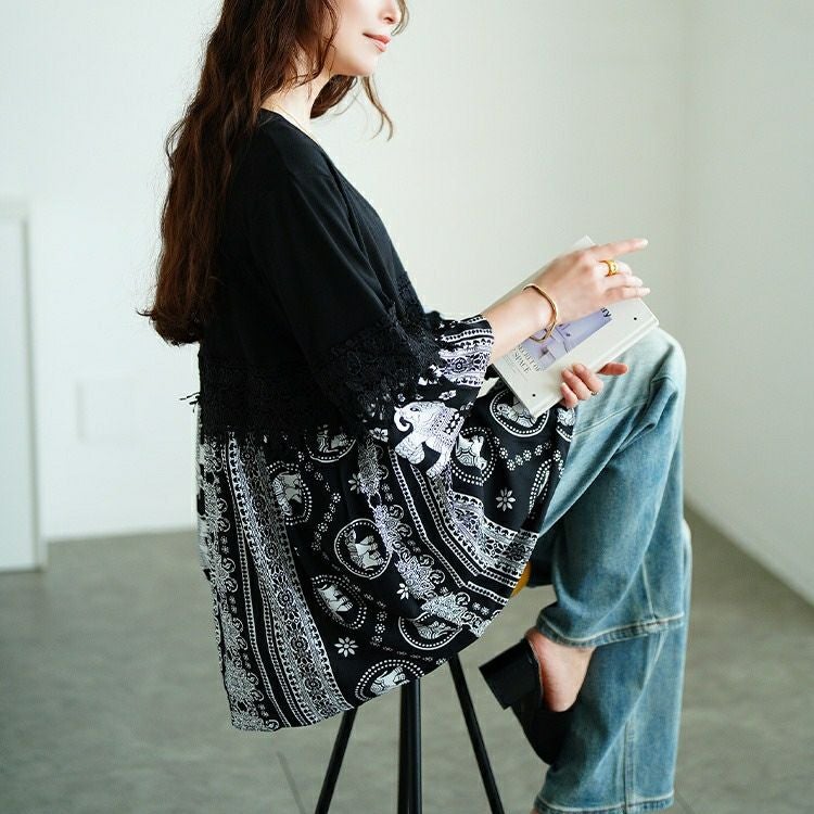 大きいサイズ レディース レース＆エスニック柄切り替えチュニック　jp557