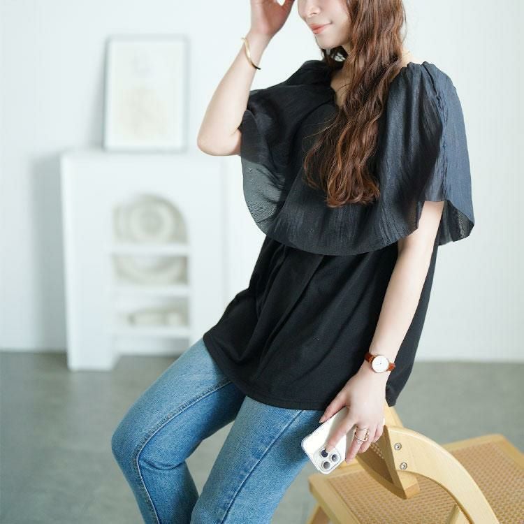 大きいサイズ レディース ケープカラープルオーバー　jp553 【メール便可】 ブラック