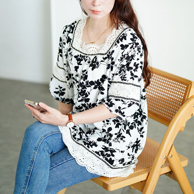 大きいサイズ レディース レース切り替え花柄チュニック　jp539 【メール便可】