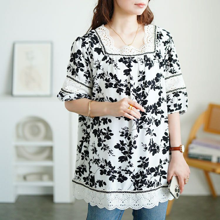 大きいサイズ レディース レース切り替え花柄チュニック　jp539 【メール便可】