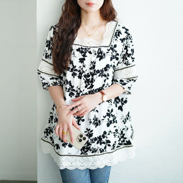 大きいサイズ レディース レース切り替え花柄チュニック　jp539 【メール便可】