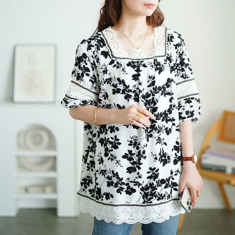 大きいサイズ レディース レース切り替え花柄チュニック　jp539 【メール便可】 ブラック