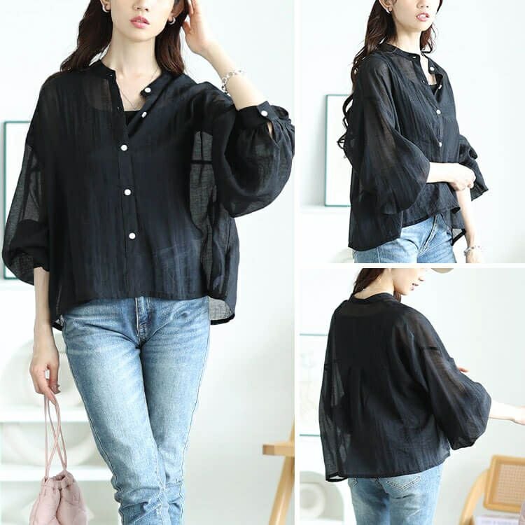 大きいサイズ レディース ボリュームスリーブクロップドシアーブラウス　maru-30167 【メール便可】