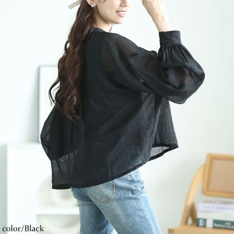 大きいサイズ レディース ボリュームスリーブクロップドシアーブラウス　maru-30167 【メール便可】 ブラック