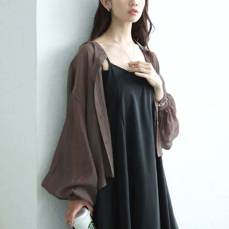 大きいサイズ レディース ボリュームスリーブクロップドシアーブラウス　maru-30167 【メール便可】 モカ