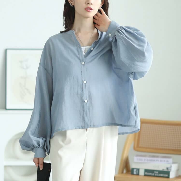 大きいサイズ レディース ボリュームスリーブクロップドシアーブラウス　maru-30167 【メール便可】 ブルー