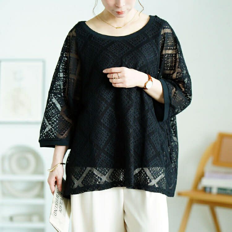 大きいサイズ レディース ラッセルレースワイドプルオーバー　maru-30192 【メール便可】